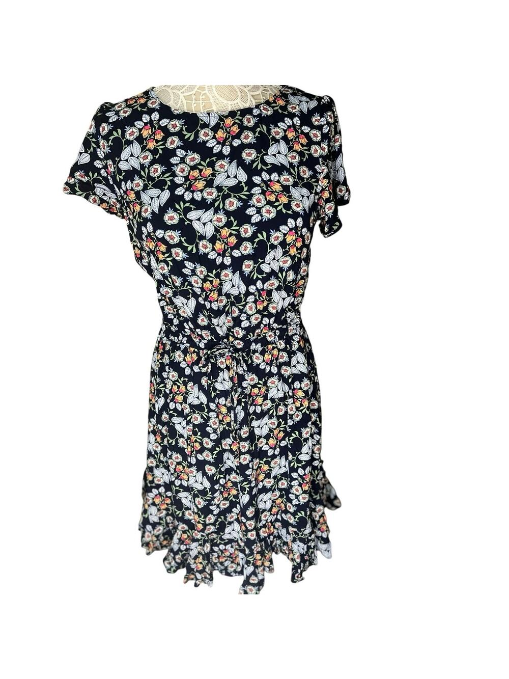 LOFT Floral Ruffle Hem Mini Dress - Size Medium Tall (MT) Cottagecore